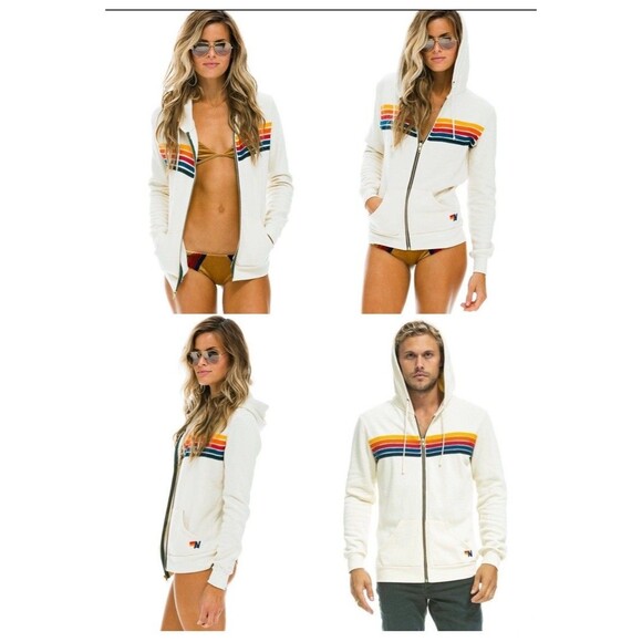 Aviator Nation Vintage White Cream 5-Stripe Full Zip-Up Hoodie Rainbow XXL NWT - Picture 1 of 14